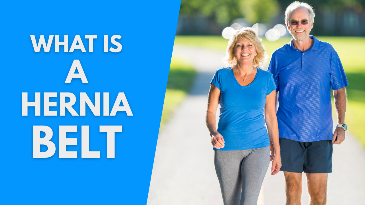 Older man and woman walking in park while wearing Comfort-Truss Minimalist Hernia Belt — best hernia belt for active lifestyle and comfort.
