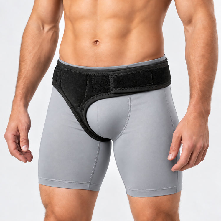 A man wearing light gray compression-style briefs with a Comfort-Truss Heavy Duty Single Side Hernia Belt at the waist, shown from torso to upper thighs against a clean light gray studio background.