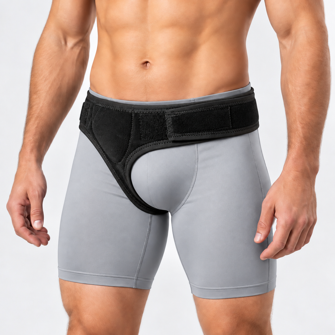 A man wearing light gray compression-style briefs with a Comfort-Truss Heavy Duty Single Side Hernia Belt at the waist, shown from torso to upper thighs against a clean light gray studio background.