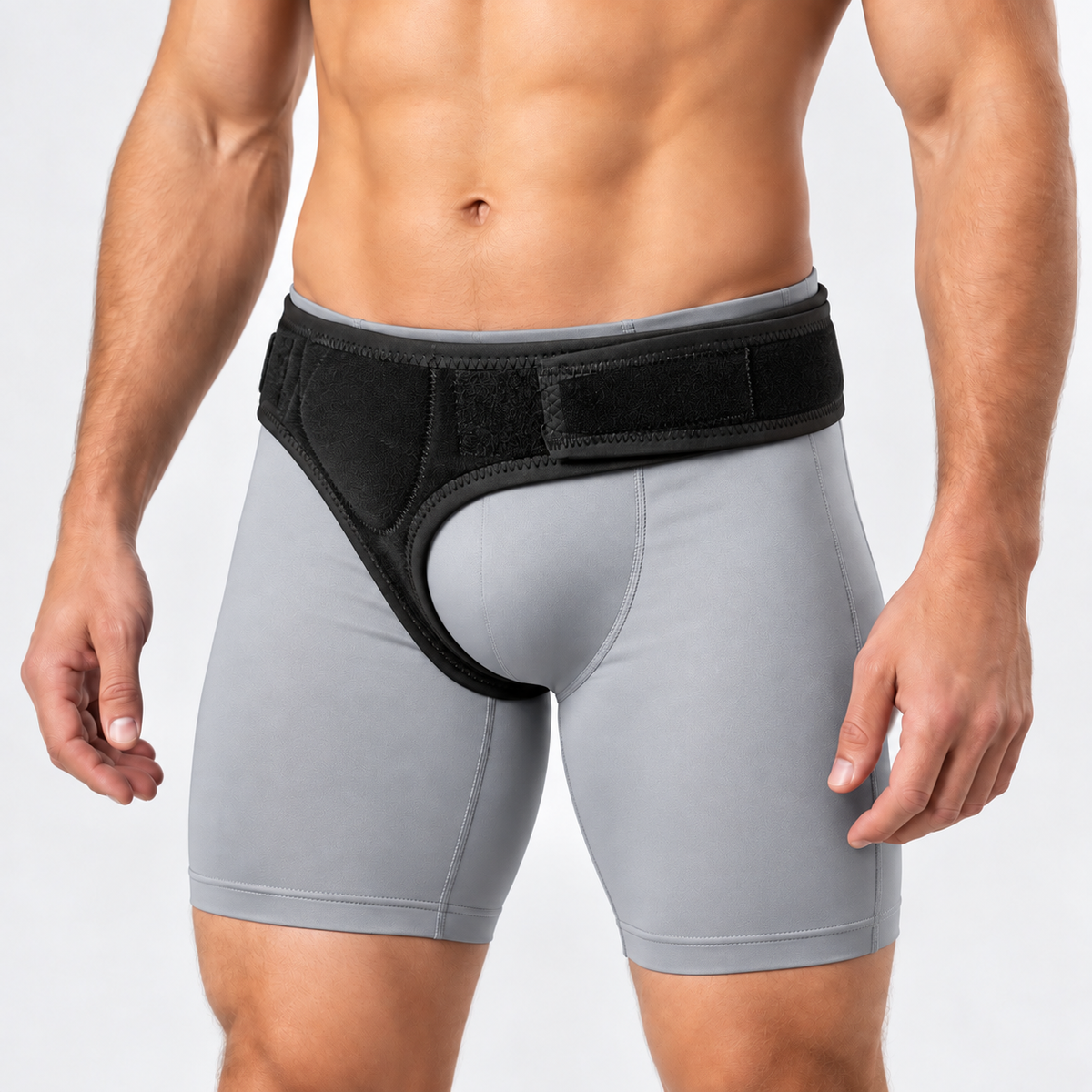 A man wearing light gray compression-style briefs with a Comfort-Truss Heavy Duty Single Side Hernia Belt at the waist, shown from torso to upper thighs against a clean light gray studio background.