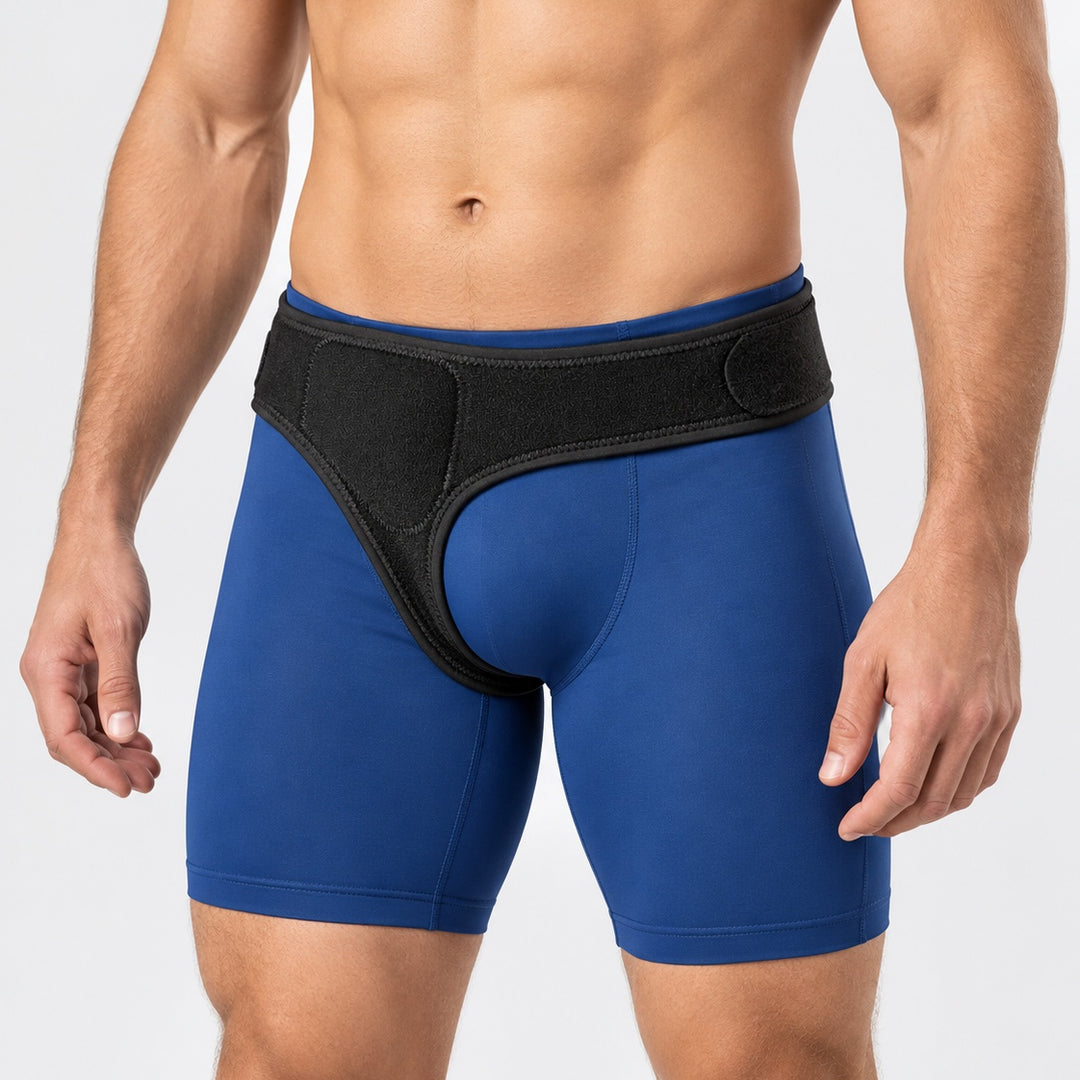 A close-up of a man's lower torso wearing blue compression-style briefs with a black Comfort-Truss hernia belt.
