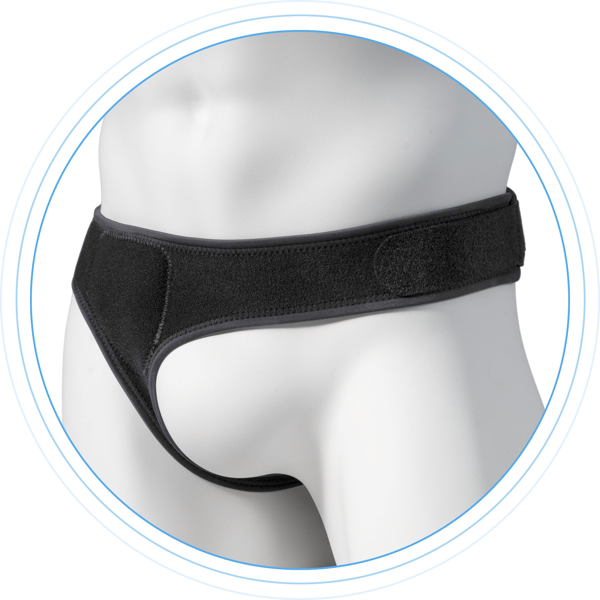 Mannequin wearing right side minimalist hernia belt front view