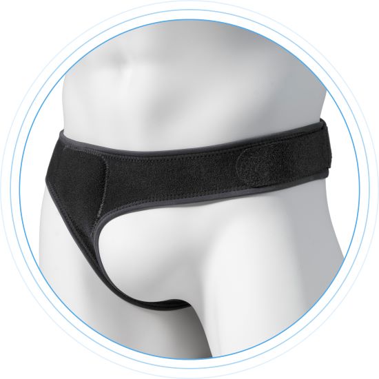 Mannequin wearing right side minimalist hernia belt front view