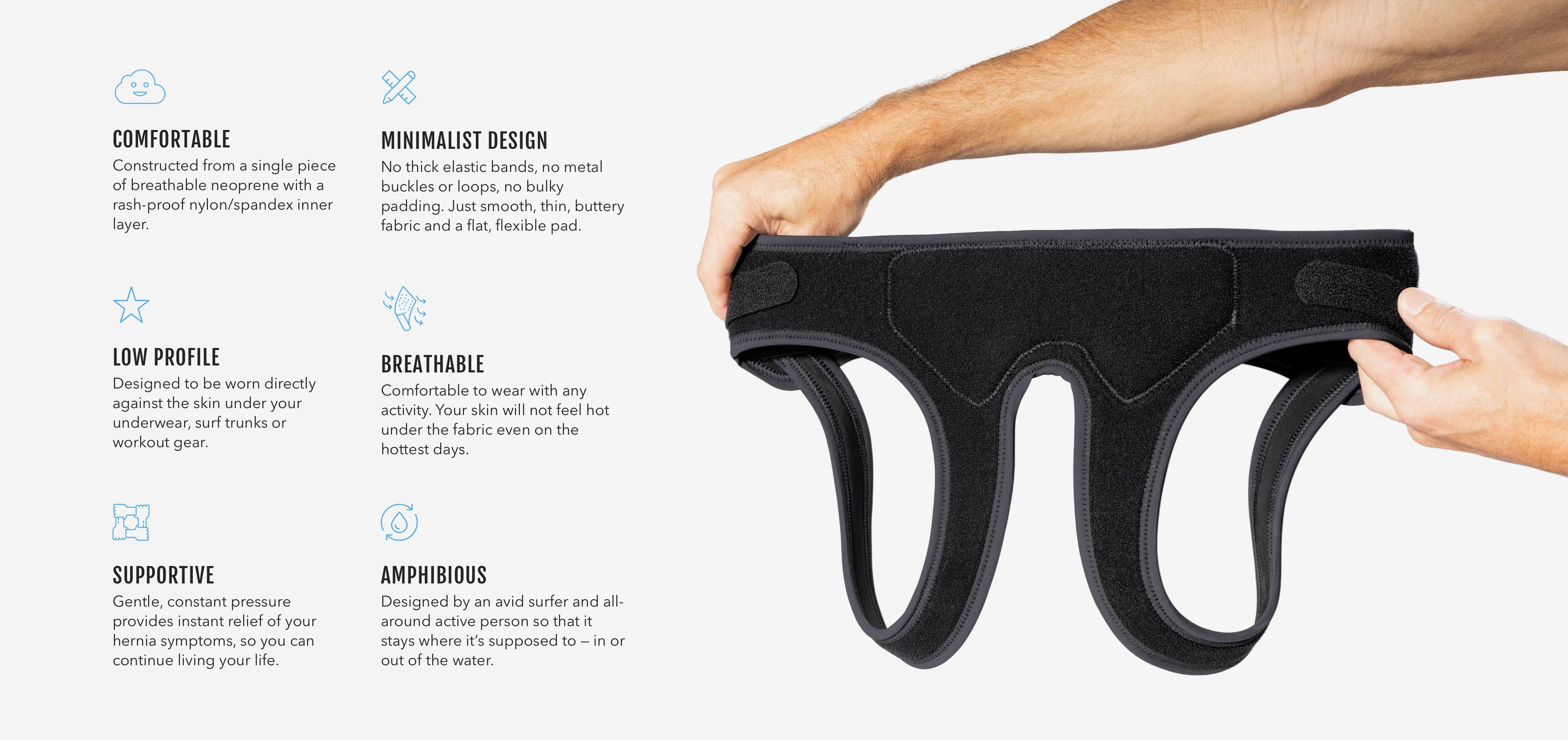 Minimalist double side hernia belt in hands next to text with key features