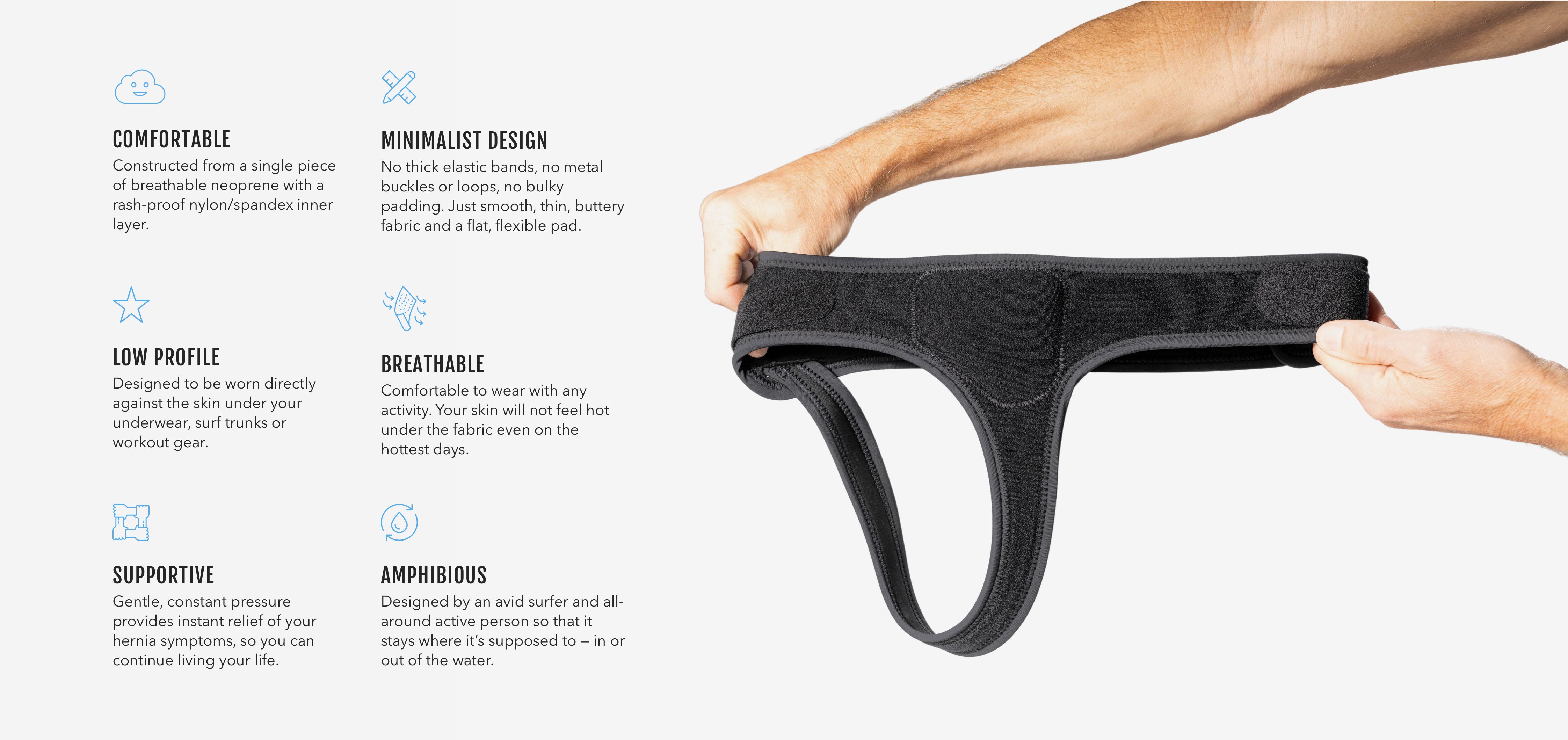 Minimalist single side hernia belt in hands next to text with key features
